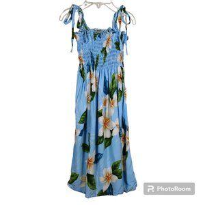 Blue Two Palms White Plumeria Floral Dress